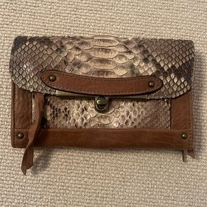 Brown leather snakeskin crossbody / clutch wallet on a chain